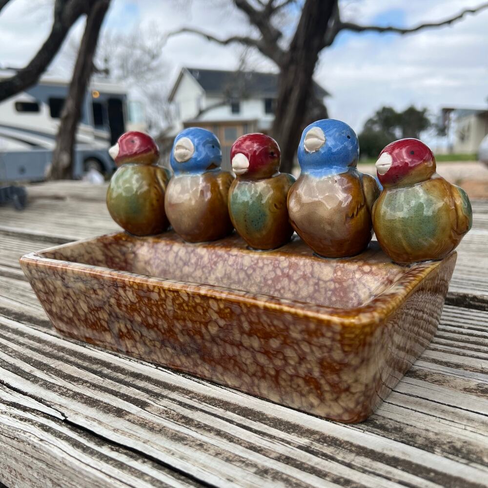 Vintage Hand Painted Ceramic Bird Tray Rustic Pottery Catchall Farmhouse Dish